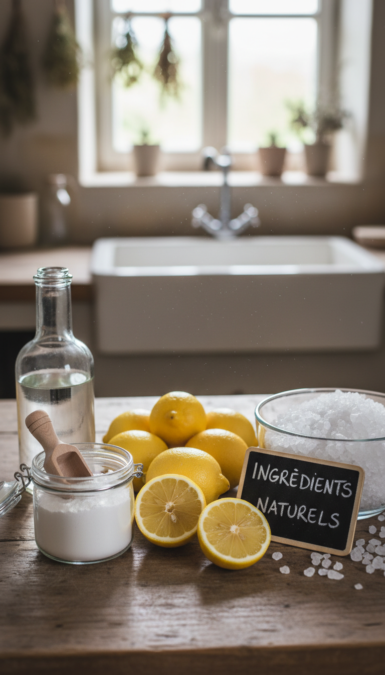 Avant d'appeler un pro, testez le DIY. Les produits chimiques de supermarché (type Destop) sont toxiques et corrosifs. Ils abîment vos tuyaux en PVC sur le long terme.  Optez pour la chimie douce. Voici des solutions efficaces pour les petits bouchons organiques (graisse, nourriture).  1. Le duo Bicarbonate et Vinaigre C'est la réaction effervescente classique.   Versez 1 tasse de bicarbonate de soude dans la bonde.   Ajoutez 1 tasse de vinaigre blanc.  Laissez mousser 15 minutes.  Rincez avec 1 litre d'eau bouillante. 2. Les Cristaux de Soude Plus puissants que le bicarbonate. Idéal pour dissoudre les graisses figées. Manipulez avec des gants. C'est irritant.  3. Le marc de café (Prévention uniquement) Attention. Le marc de café ne débouche pas. Il prévient. Il agit comme un gommage pour les parois. N'en mettez pas si l'évier est déjà bloqué.  4. L'eau bouillante salée Le sel change la densité de l'eau et l'abrasivité. Versez doucement pour ne pas choquer la céramique de votre évier.  5. Le cintre métallique Transformez un cintre en crochet. Pêchez les résidus (cheveux, restes alimentaires) accessibles via la bonde.