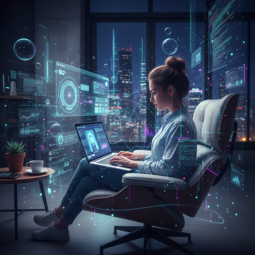 Visual description of a freelancer using a laptop with AI tools on screen, surrounded by glowing data visualizations