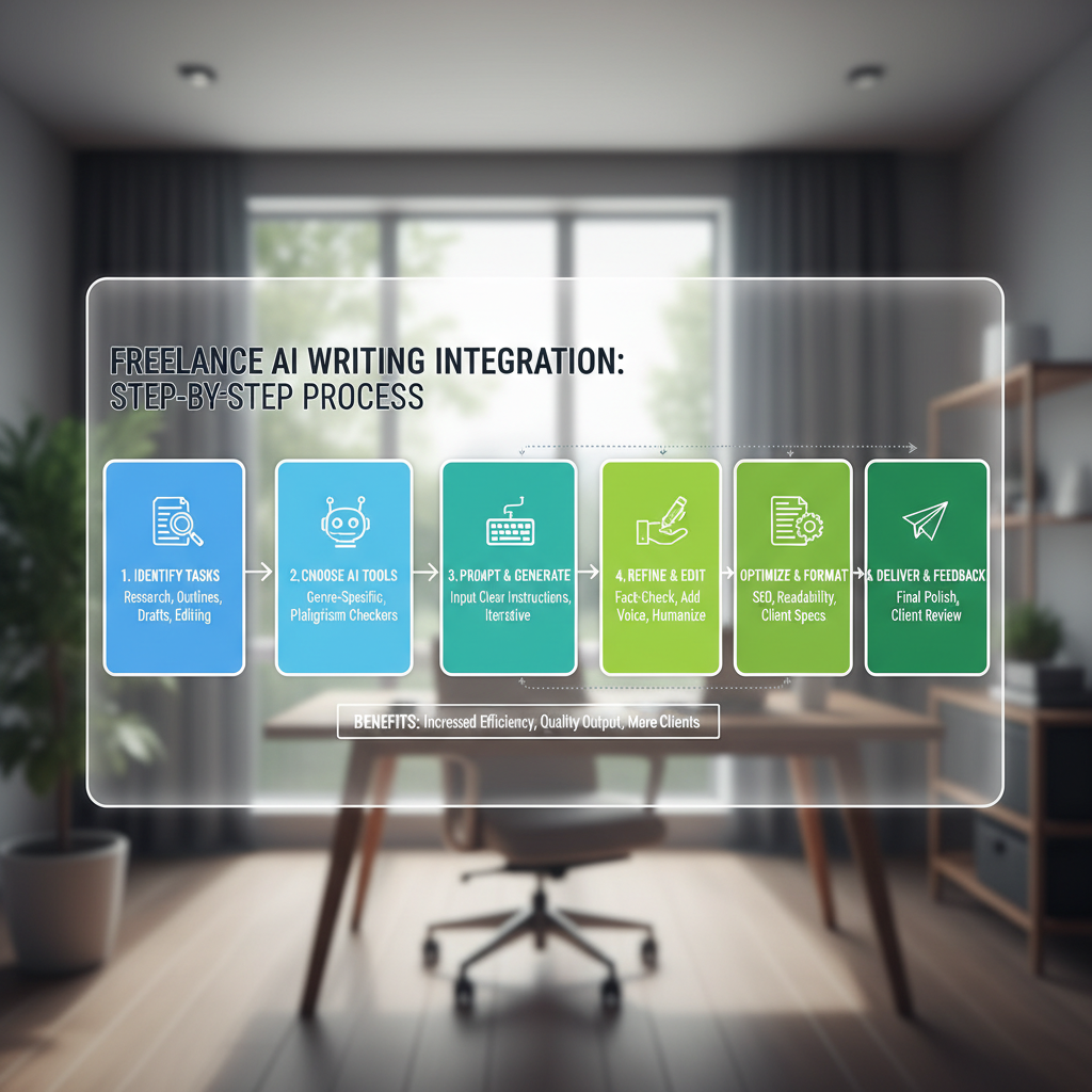 Chart Graphique showing a step-by-step process for integrating AI writing tools into a freelance workflow